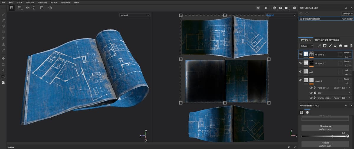 Texturing the blueprint in Substance Painter.